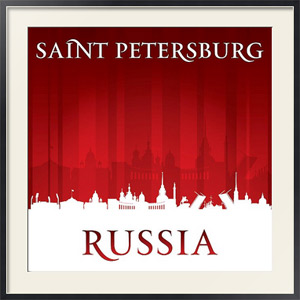 Постер Санкт-Петербург, Россия. Силуэт города на красном фоне