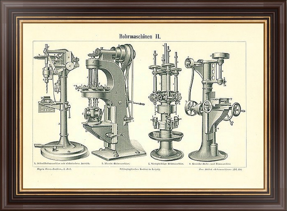 Сверлильные станки, копия гравюры в раме