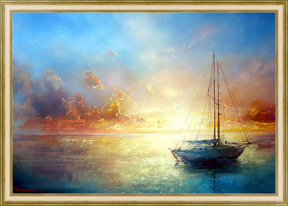 Корабль в море, картина на холсте в раме