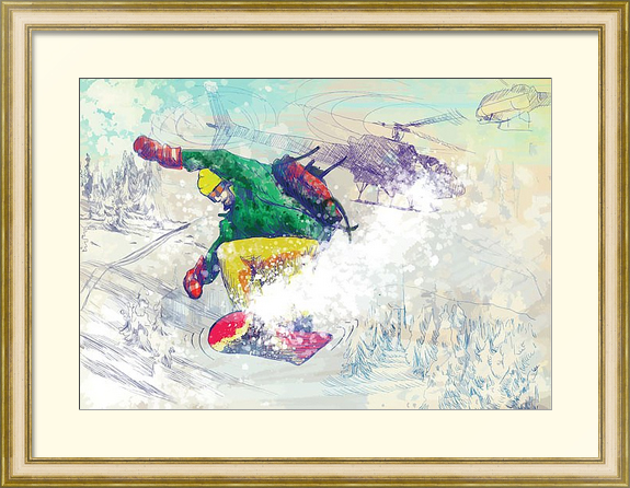 Рисунок со сноубордистом в раме под стеклом