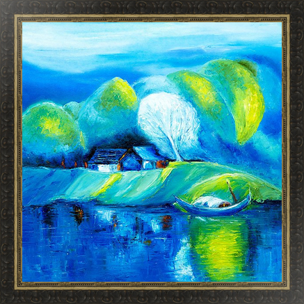 Озеро и лодки, картина маслом в раме на холсте