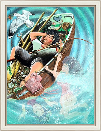 Постер с рыбаком и русалками в раме на холсте