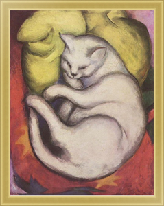 Кот на желтой подушке в раме на холсте