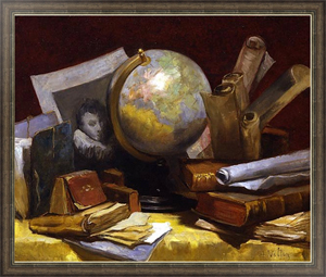 Постер на холсте Натюрморт с картой мира, книгами и пергаментом