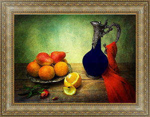 Постер Натюрморт со старинным кувшином и фруктами на деревянном столе