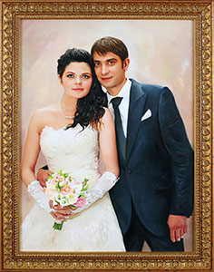 Портрет маслом по фотографии с молодоженами на художественном фоне в деревянном багете Портрет маслом по фотографии с молодоженами на художественном фоне в деревянном багете